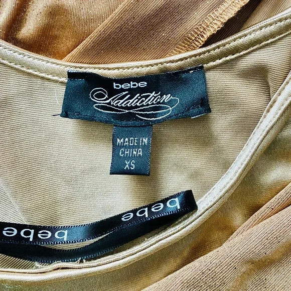 BEBE | Gold Metallic Colorblock Asymmetric Ruched Cocktail Mini Dress Size XS - Picture 8 of 9